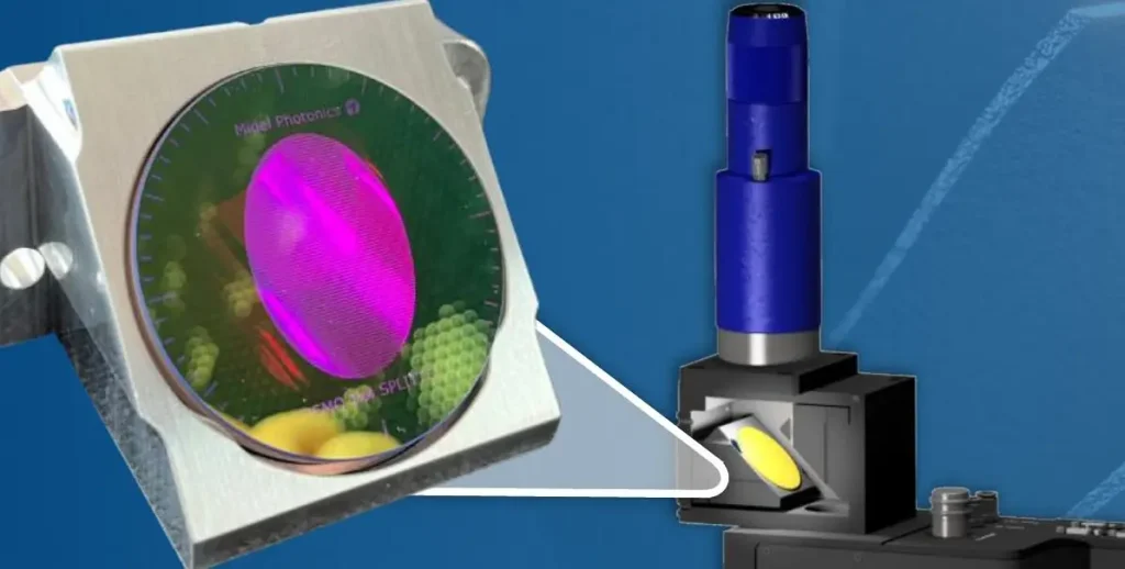 A Midel Photonics reflective ring-core shaper held in an exchangeable metal carrier, mounted into the beam path above an additive-manufacturing scanner module