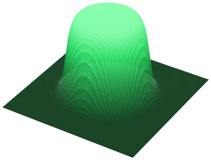 3D surface plot of a flat-top beam: a uniform plateau of intensity with steep edges