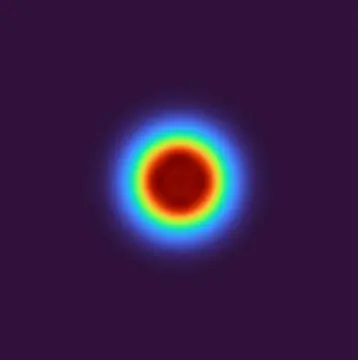 Simulated 2–10x circular flat-top intensity profile — a broad uniform red disc with a crisp edge