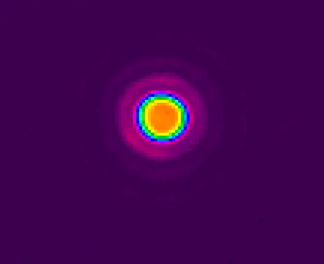 Measured beam profile at focus: a uniform flat-top disk with a clean, even top and steep edges