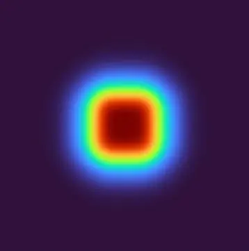 Simulated 2–10x square flat-top intensity profile — a broad uniform red square plateau with a crisp edge
